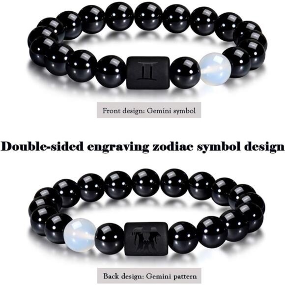 Zodiac Bracelet for Men Women, 8mm 10mm Natural Black Onyx Stone Star Sign - Picture 2 of 8